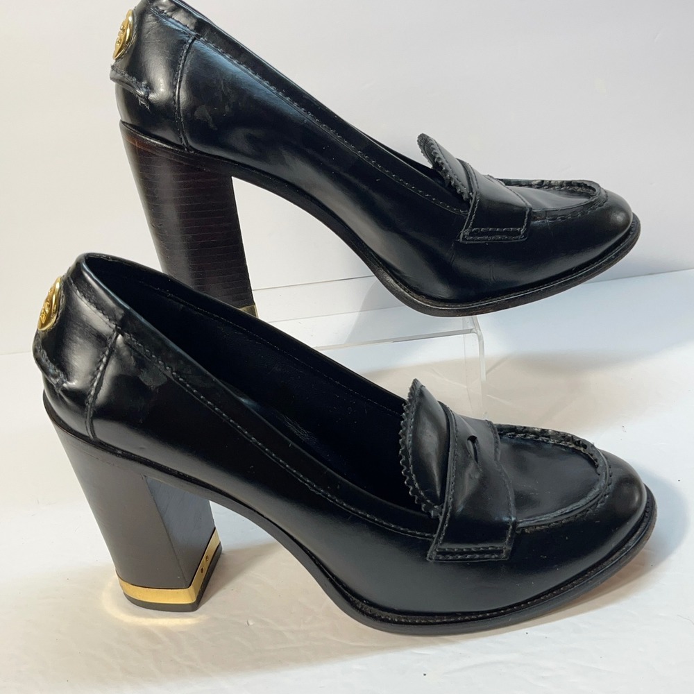 Tory Burch Womens Heeled Loafer Pumps 8.5M Black Leather Logo Block Heel Preppy - Picture 5 of 11